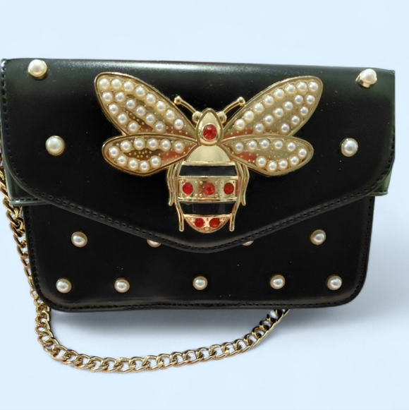Beatfull Handbags - Beatful Black Embellished Purse with Gold Bee & Pearl Accents